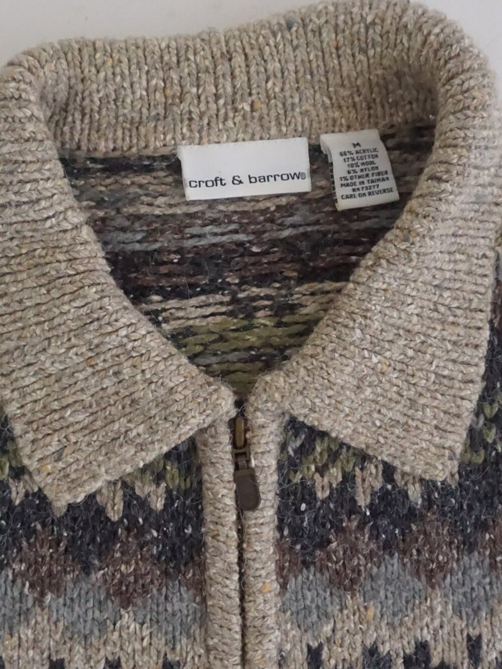 Vintage Croft & Barrow Beige Fair Isle Nordic Zip 100% Wool Knit Cardigan M - Picture 9 of 9